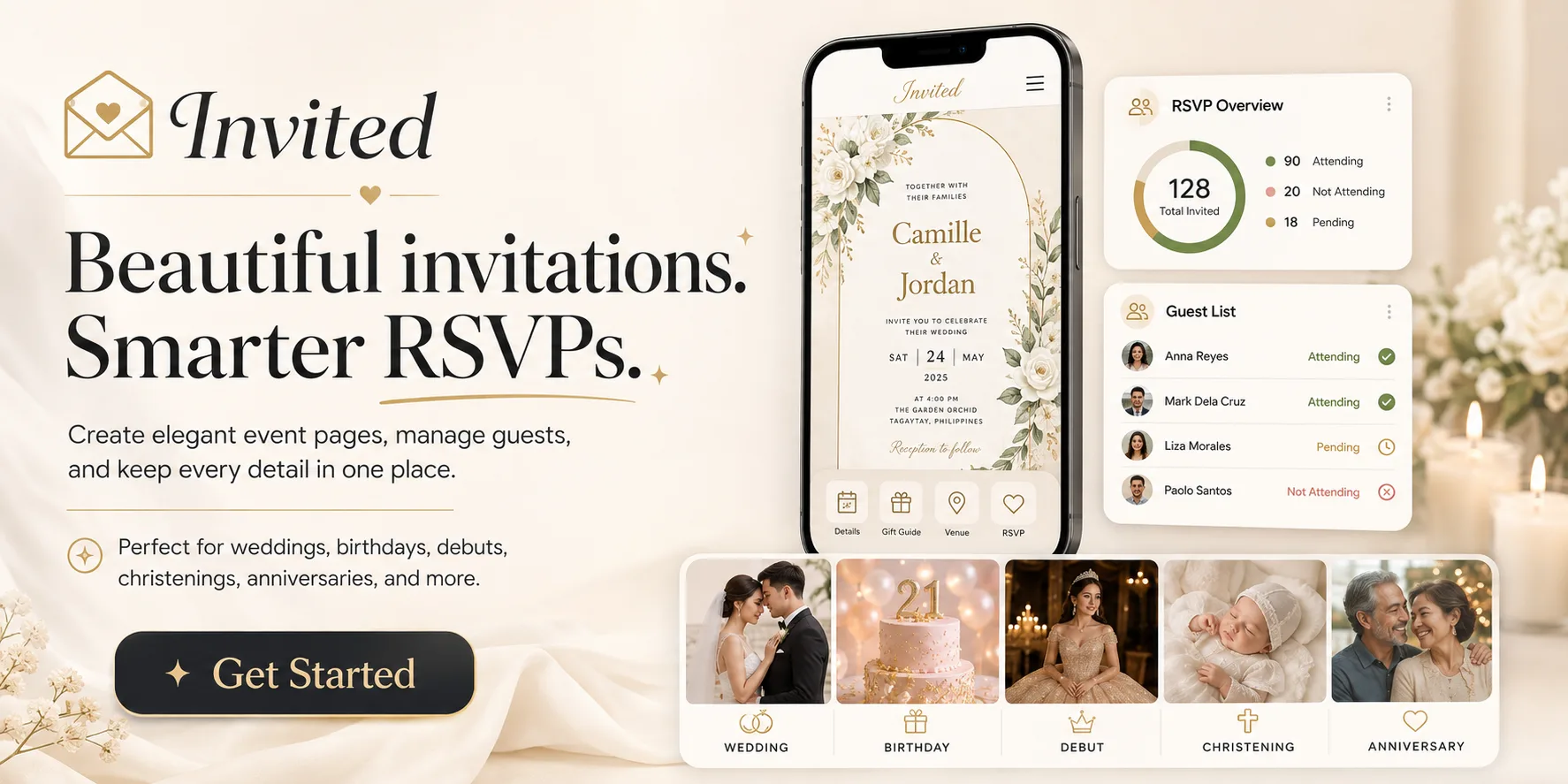Invited — beautiful invitations and smarter RSVPs. Create elegant event pages for weddings, birthdays, debuts, christenings and anniversaries, and manage your guest list in one place. Get started.